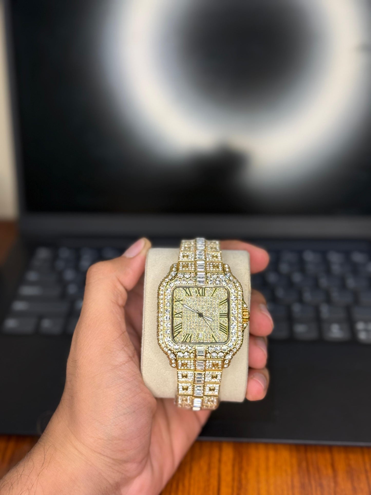 Luxury Iced Out Gold Watch – Roman Numeral Dial, Full Diamond Style