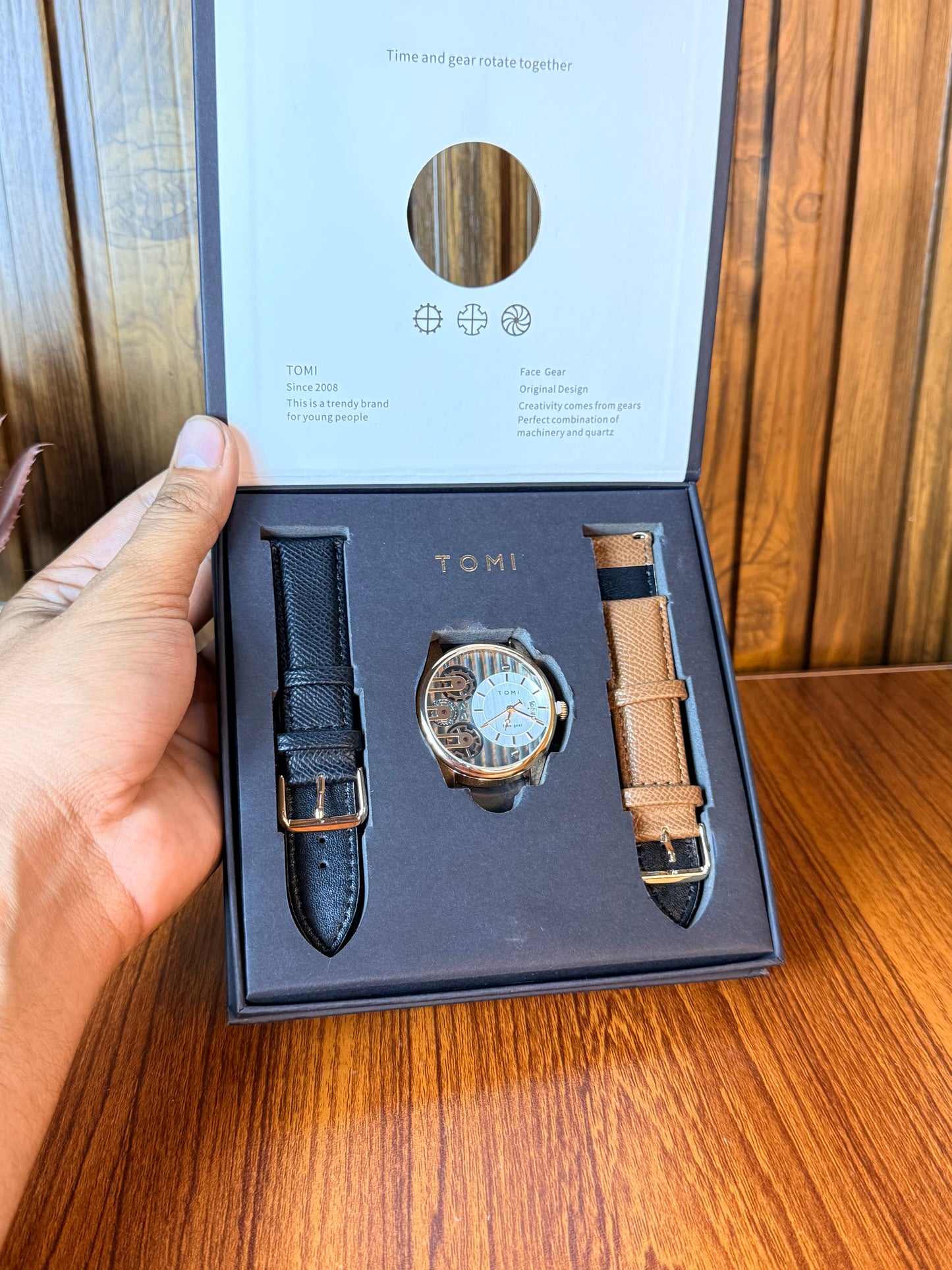 TOMI Face Gear Quartz Watch Gift Set – Dual Strap Combo (Black & Brown) | Trendy Analog Watch for Men