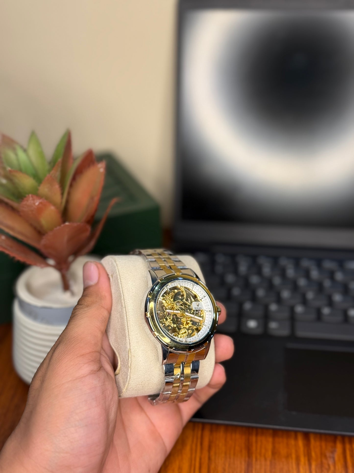 Luxury Skeleton Automatic Mechanical Watch – Gold & Silver Two-Tone Strap