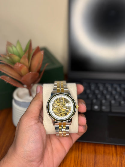 Luxury Skeleton Automatic Mechanical Watch – Gold & Silver Two-Tone Strap