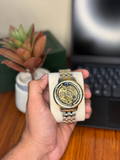 Luxury Skeleton Automatic Mechanical Watch – Gold & Silver Two-Tone Strap