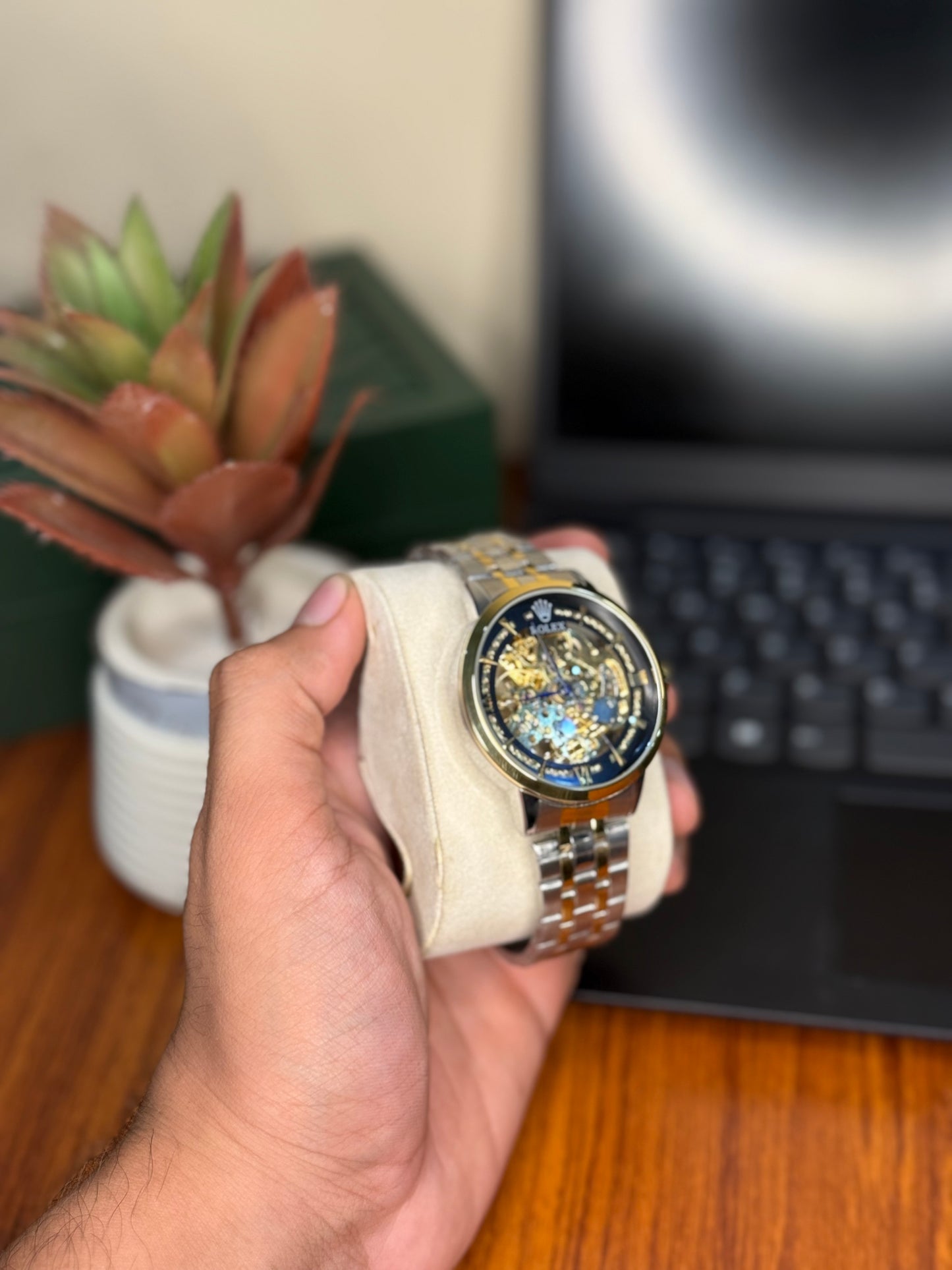 Luxury Skeleton Automatic Mechanical Watch – Gold & Silver Two-Tone Strap