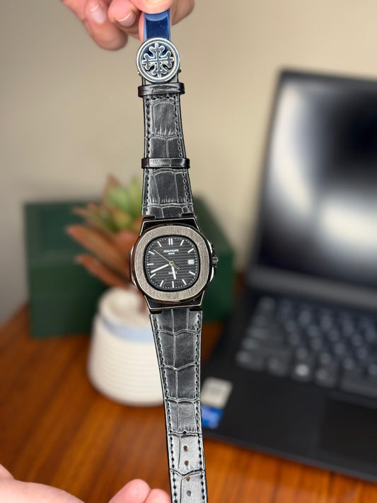 Luxury Black Dial Quartz Watch – Crocodile Pattern Leather Strap | Premium Edition